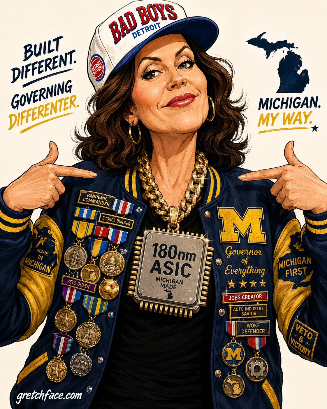 Big Gretchface: portrait of a former governor in a Bad Boys Detroit cap, varsity jacket loaded with policy medals, gold chain bearing a 180nm Michigan-made ASIC pendant.